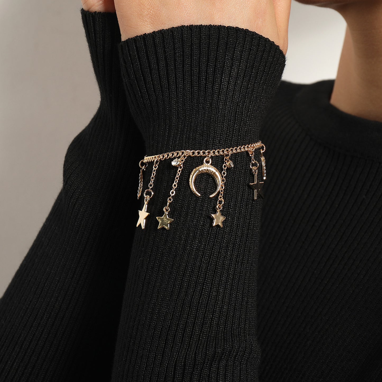 European and American cross-border jewelry Exaggerated hip-hop trendy full diamond crescent bracelet Women's personality niche pentagram bracelet