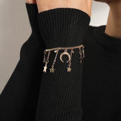 European and American cross-border jewelry Exaggerated hip-hop trendy full diamond crescent bracelet Women's personality niche pentagram bracelet