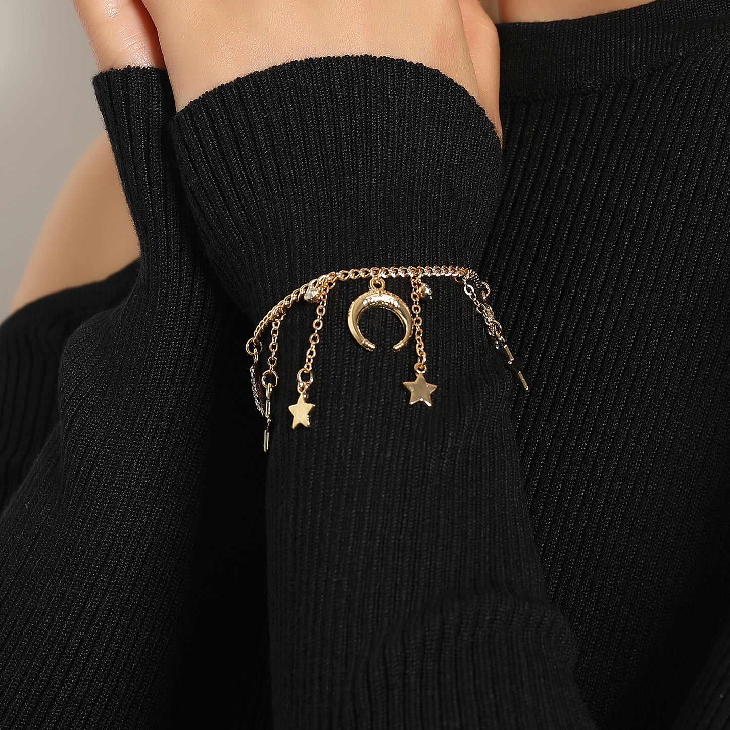 European and American cross-border jewelry Exaggerated hip-hop trendy full diamond crescent bracelet Women's personality niche pentagram bracelet