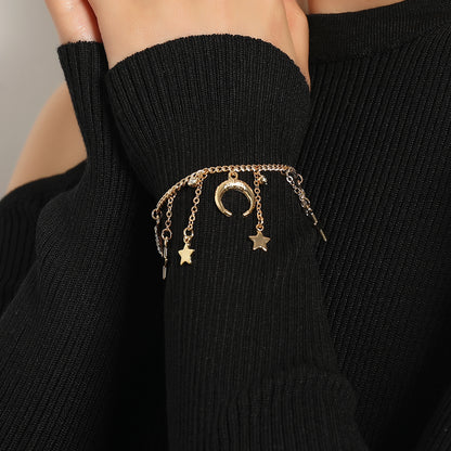 European and American cross-border jewelry Exaggerated hip-hop trendy full diamond crescent bracelet Women's personality niche pentagram bracelet