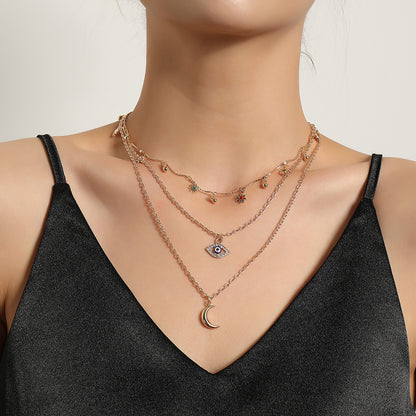 European and American cross-border jewelry, elbow full of diamond eyes, crescent moon pendant necklace, women's hot selling trendy flowers, personalized necklaces