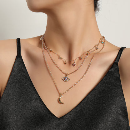 European and American cross-border jewelry, elbow full of diamond eyes, crescent moon pendant necklace, women's hot selling trendy flowers, personalized necklaces