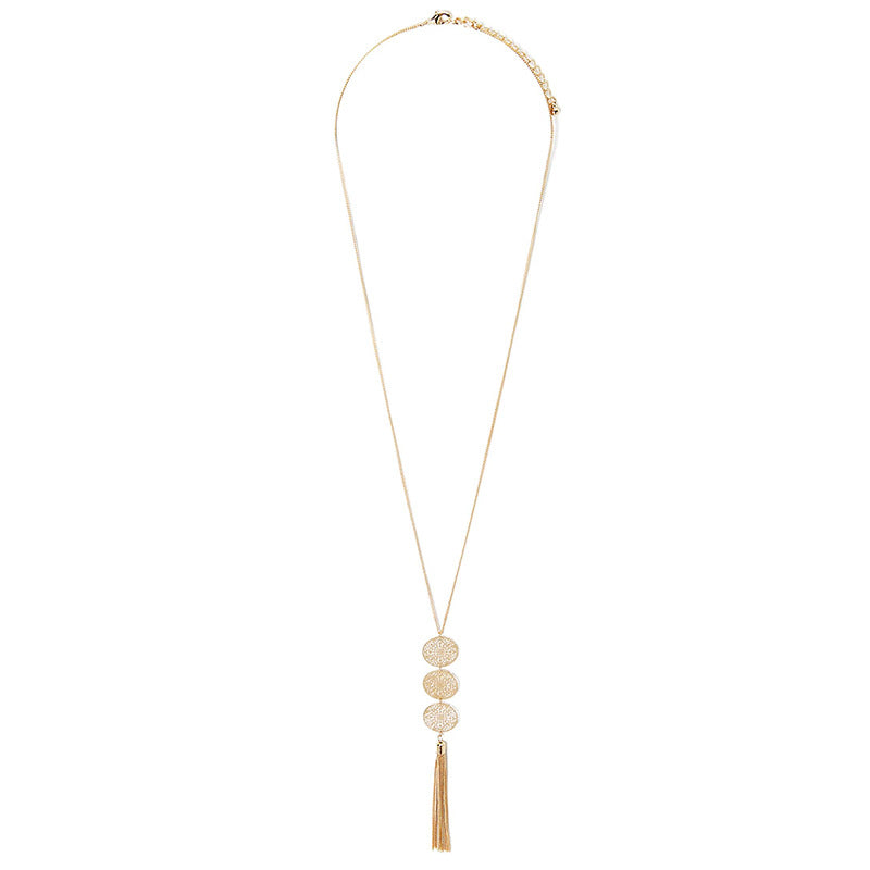 Cross-border ornaments vintage cut-out discs geometric round tassel pendant necklace women