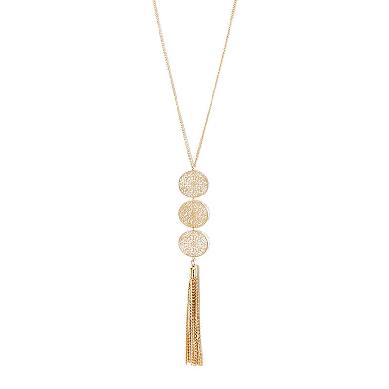 Cross-border ornaments vintage cut-out discs geometric round tassel pendant necklace women
