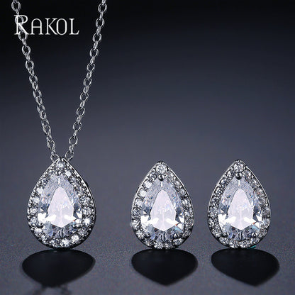 European and American Fashion Classic Trendy Waterdrop Necklace Earrings Light Luxury Two-Piece Set with AAA Zircon Jewelry Set