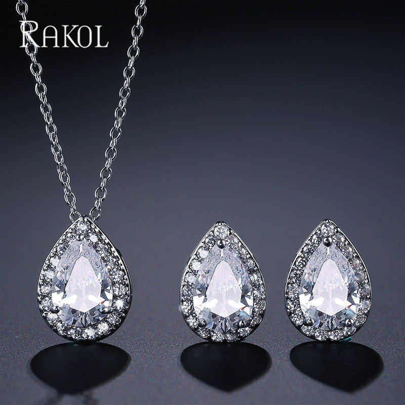 European and American fashion classic waterdrop necklace and earring two-piece set, set with AAA zircon jewelry