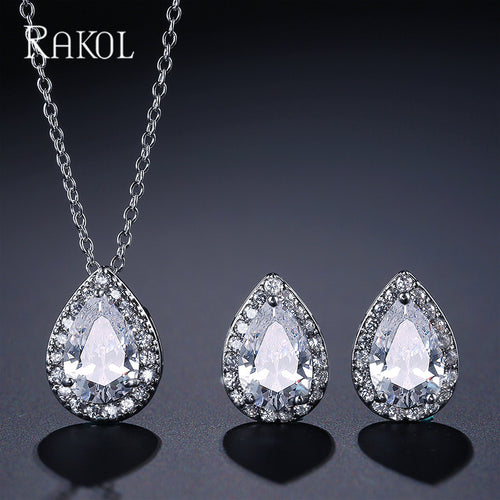 European and American fashion classic waterdrop necklace and earring two-piece set, set with AAA zircon jewelry