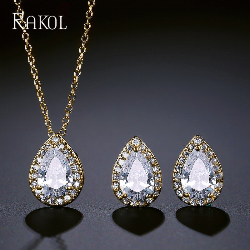 European and American Fashion Classic Trendy Waterdrop Necklace Earrings Light Luxury Two-Piece Set with AAA Zircon Jewelry Set