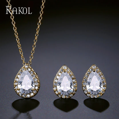 European and American Fashion Classic Trendy Waterdrop Necklace Earrings Light Luxury Two-Piece Set with AAA Zircon Jewelry Set