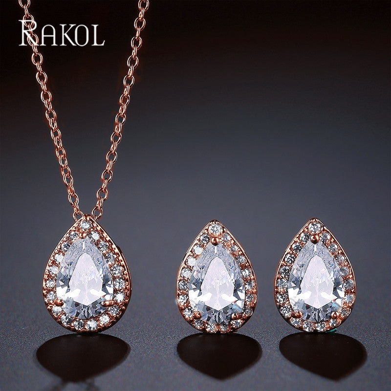European and American fashion classic waterdrop necklace and earring two-piece set, set with AAA zircon jewelry