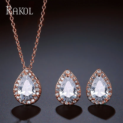 European and American fashion classic waterdrop necklace and earring two-piece set, set with AAA zircon jewelry