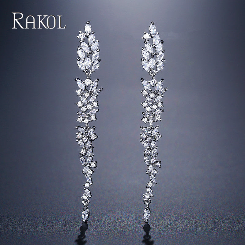 RAKOL original design, elegant temperament, long fringed floral earrings, women's personality, light luxury, slightly inlaid zircon stud earrings