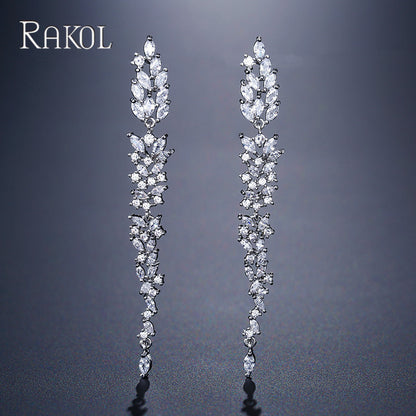 RAKOL original design, elegant temperament, long fringed floral earrings, women's personality, light luxury, slightly inlaid zircon stud earrings