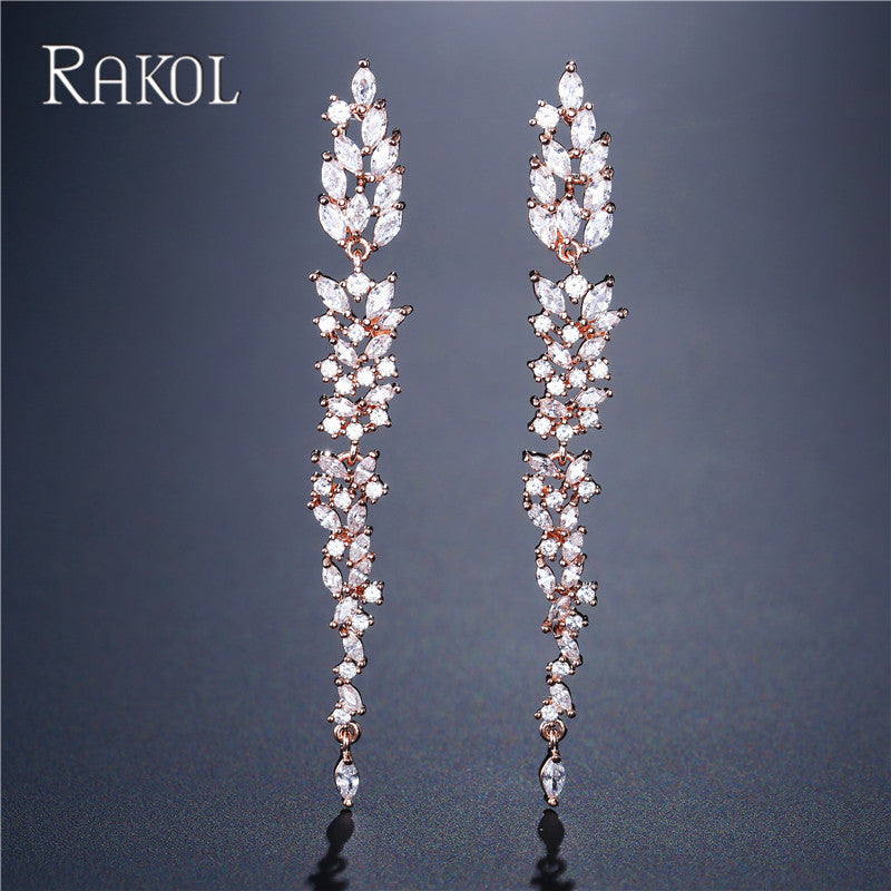 RAKOL original design, elegant temperament, long fringed floral earrings, women's personality, light luxury, slightly inlaid zircon stud earrings