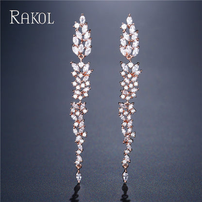 RAKOL original design, elegant temperament, long fringed floral earrings, women's personality, light luxury, slightly inlaid zircon stud earrings