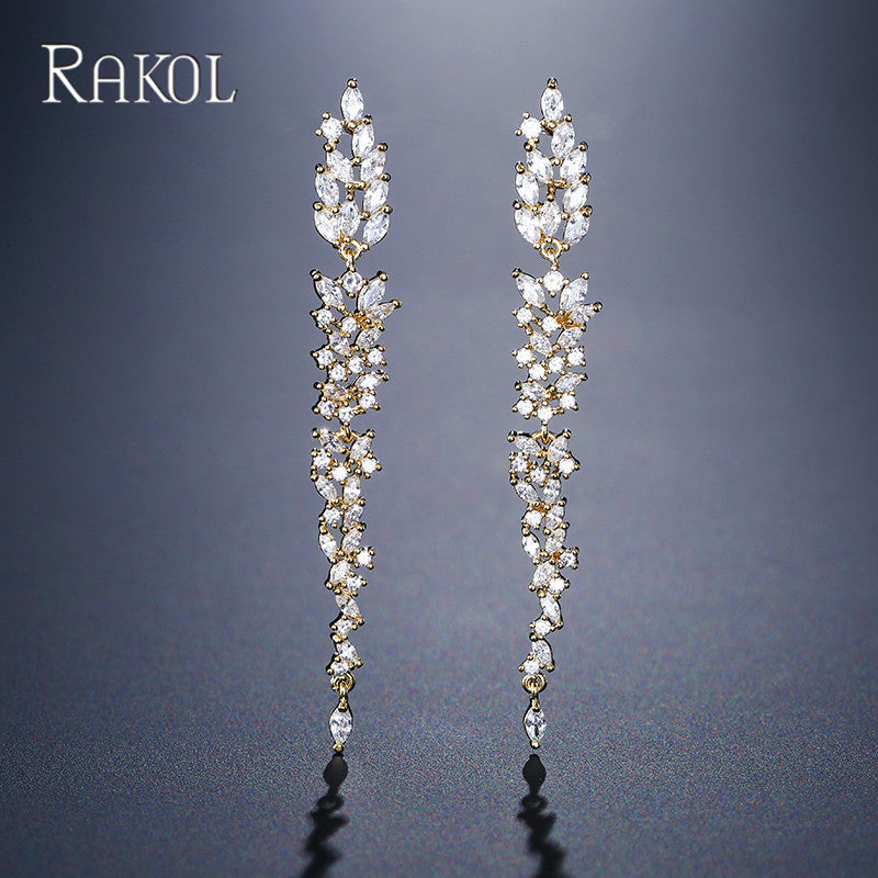 RAKOL original design, elegant temperament, long fringed floral earrings, women's personality, light luxury, slightly inlaid zircon stud earrings