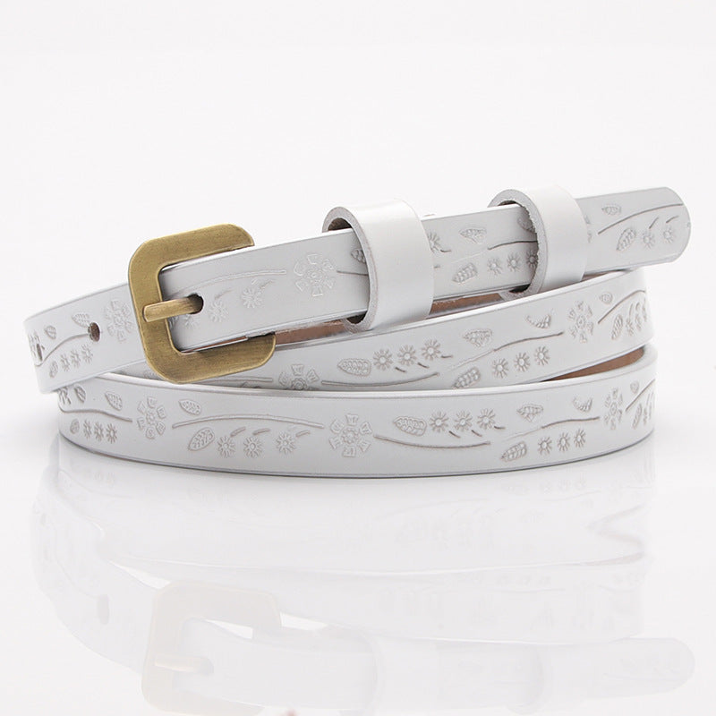 Cinto de senhora novo em pele de bovino de duas camadas, versátil, moderno, estampado, para calças, estilo coreano, tendência de cinto, diretamente da loja, venda por grosso.