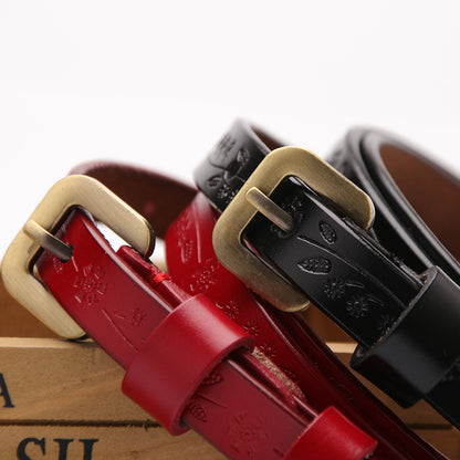 Cinto de senhora novo em pele de bovino de duas camadas, versátil, moderno, estampado, para calças, estilo coreano, tendência de cinto, diretamente da loja, venda por grosso.