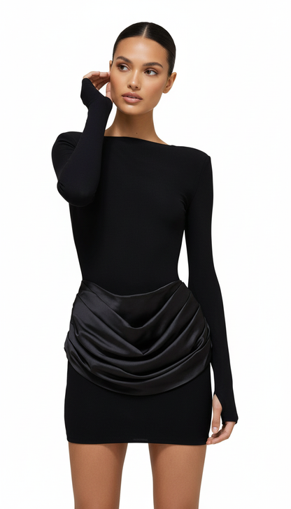 Foreign trade autumn and winter new European and beautiful clothing temperament solid color round neck long sleeve short pleated slim hip dress for women