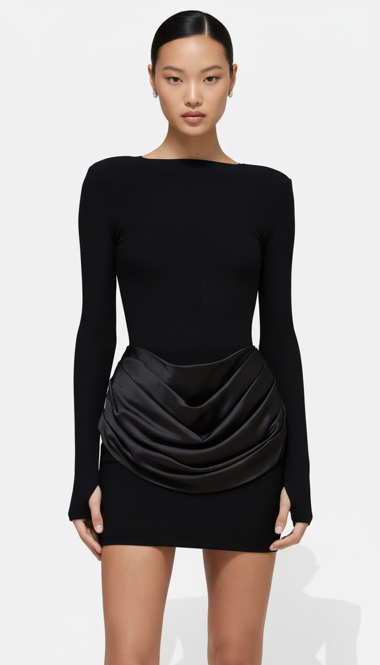 Foreign trade autumn and winter new European and beautiful clothing temperament solid color round neck long sleeve short pleated slim hip dress for women