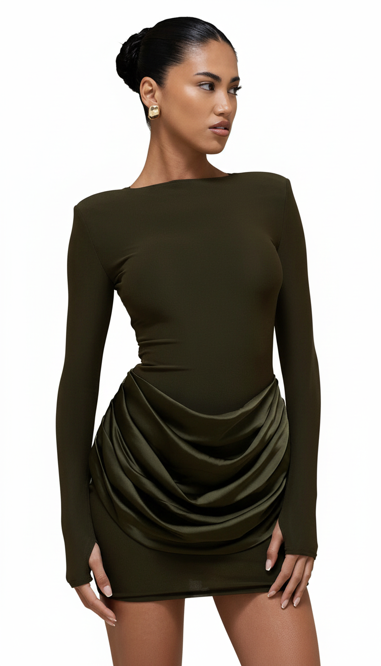 Foreign trade autumn and winter new European and beautiful clothing temperament solid color round neck long sleeve short pleated slim hip dress for women