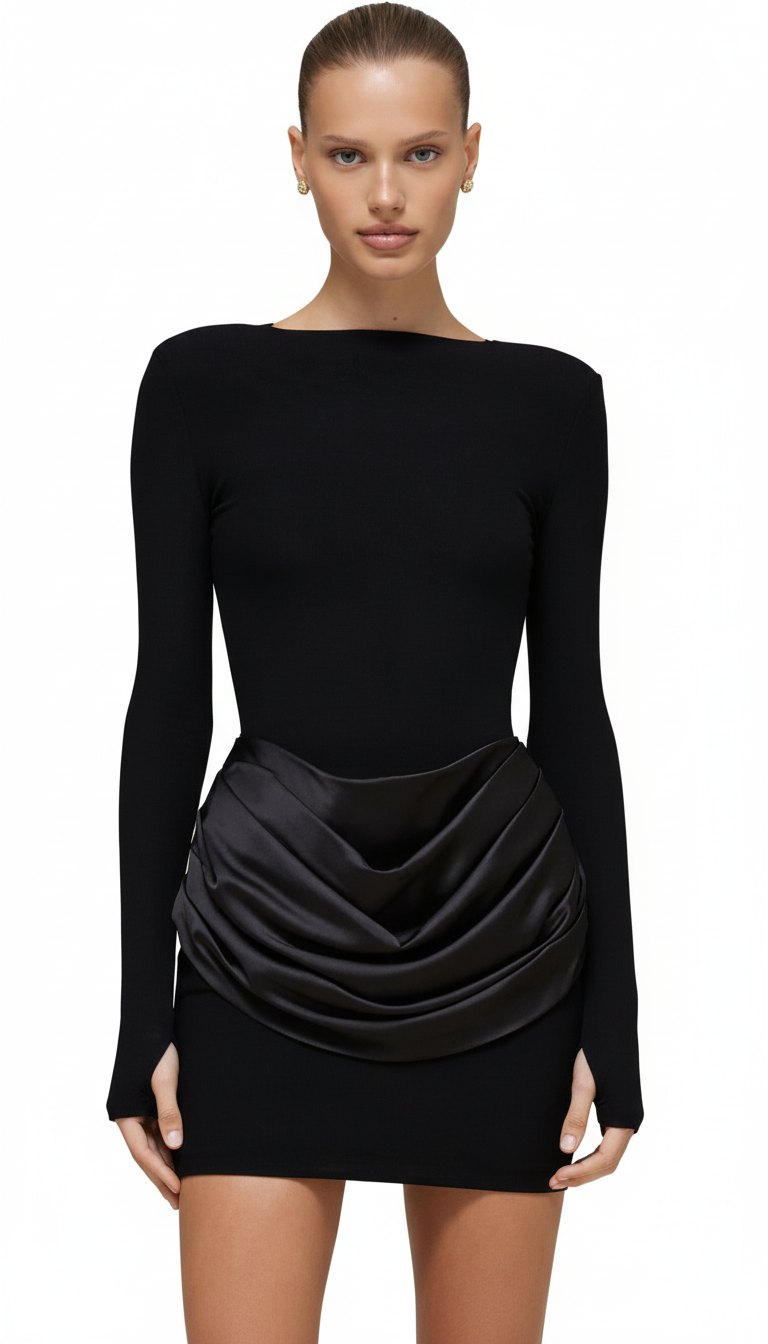 Foreign trade autumn and winter new European and beautiful clothing temperament solid color round neck long sleeve short pleated slim hip dress for women
