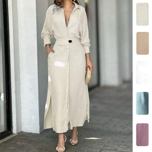 2026 Spring New European and American Foreign Trade Women's Commuter Lace-up Solid Color Waist Long Sleeve Deep V Lapel Dress