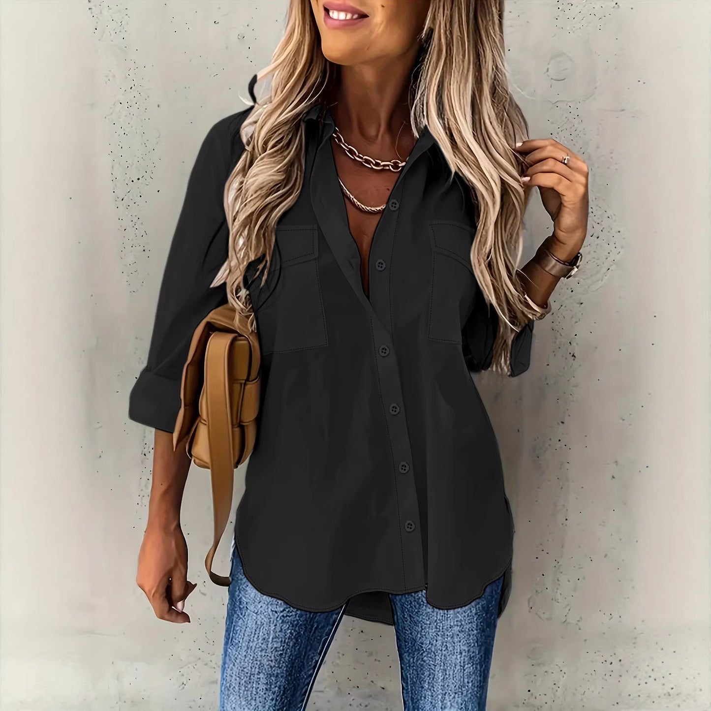 New 2024 European and American women's cross-border European and American four seasons versatile with pocket loose long sleeve roll-neck shirt top