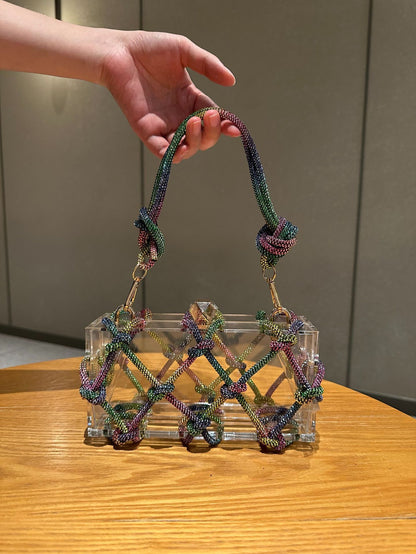 Saco de caixa de acrílico transparente brilhante e inflexível transfronteiriço Jantar tecido à mão saco das axilas de moda de alta qualidade