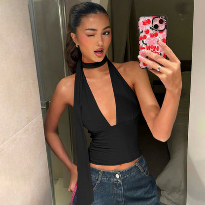 Foreign trade wholesale 2025 summer hot sale European and beautiful clothing neck lace-up sexy deep V backless slim suspender top