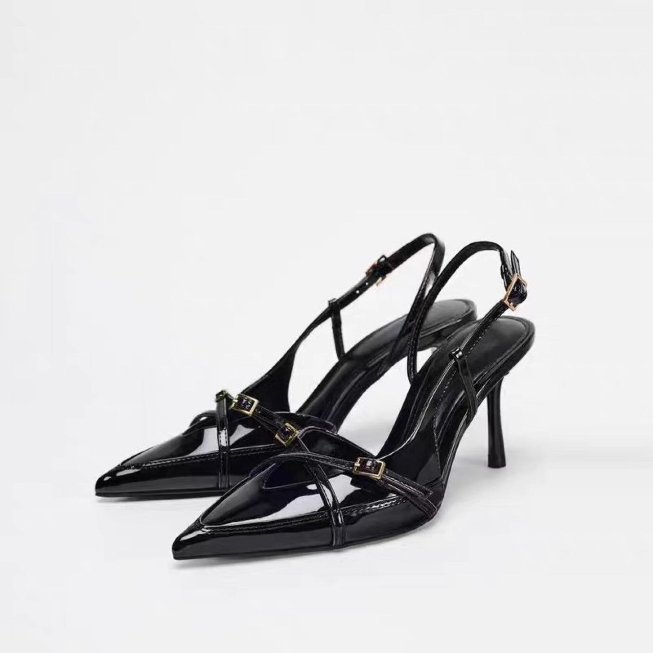 ZA2025 verão nova fivela preta com sandálias pontiagudas para mulheres estilo britânico slotted fivela salto alto para mulheres