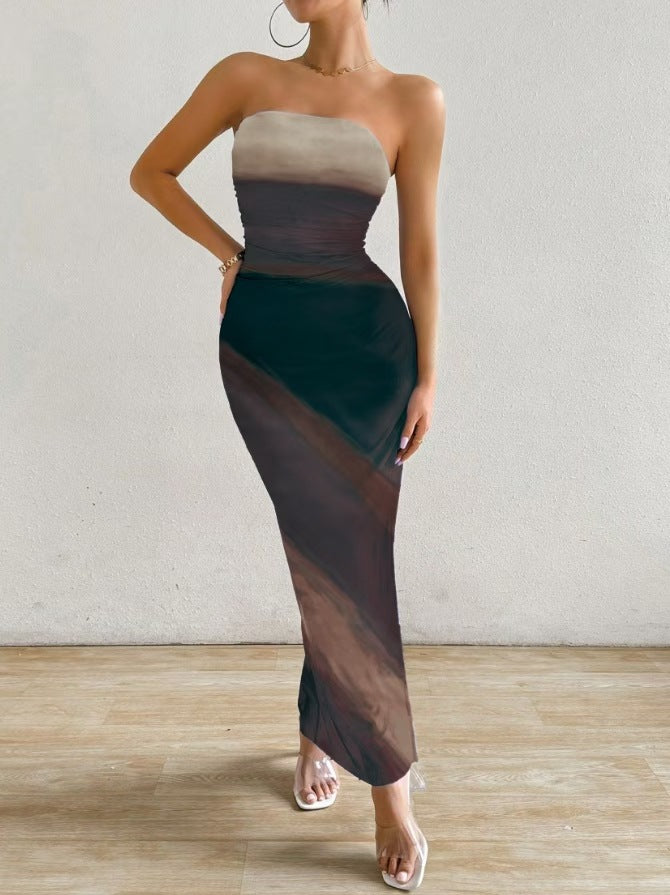 Spot cross-border 2024 European and American Amazon mesh gradient ruffles sexy skinny slit strap bandeau long skirt