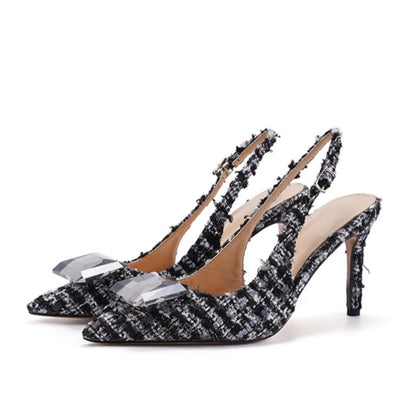 Spring 2026 new temperament toe-wrapped back hollow sandals pointed toe rhinestone thin heel fashion women's shoes woolen lining spring spring