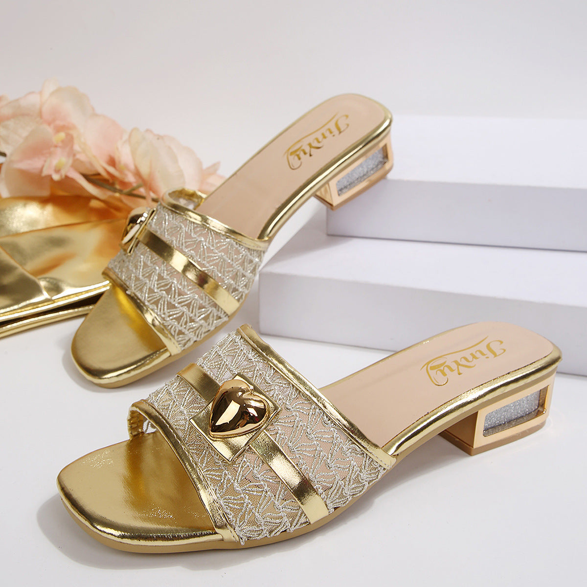 European and American cross-border foreign trade wholesale high-heeled sandals, women's slippers, elegant chain decorative buttons, square-toe sandals