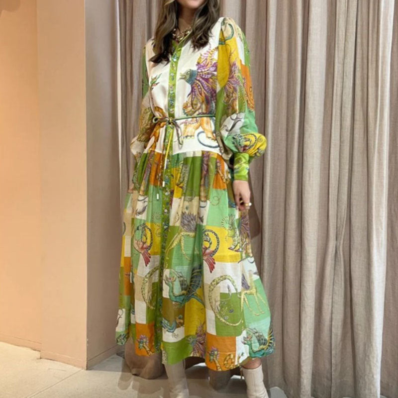 Cross-border Amazon 2026 AliExpress European and American clothing vintage printed lantern sleeves waist swing European and American dresses