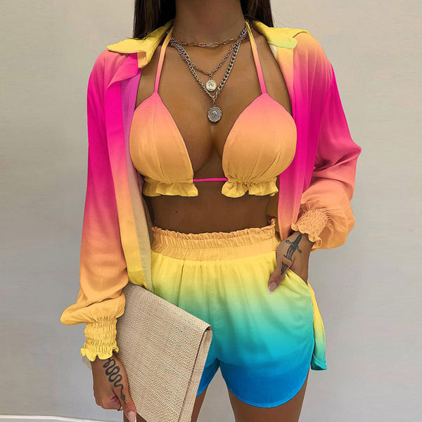 2026 Spring New European and American Cross-border Women's Sexy Printed Suisole Shirt Shorts Three-Piece Set Women