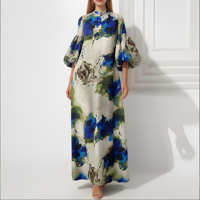 2026 New Foreign Trade European and American Clothing Temperament Loose Printed Painted Long Skirt Large Swing Puff Sleeve European and American Dress