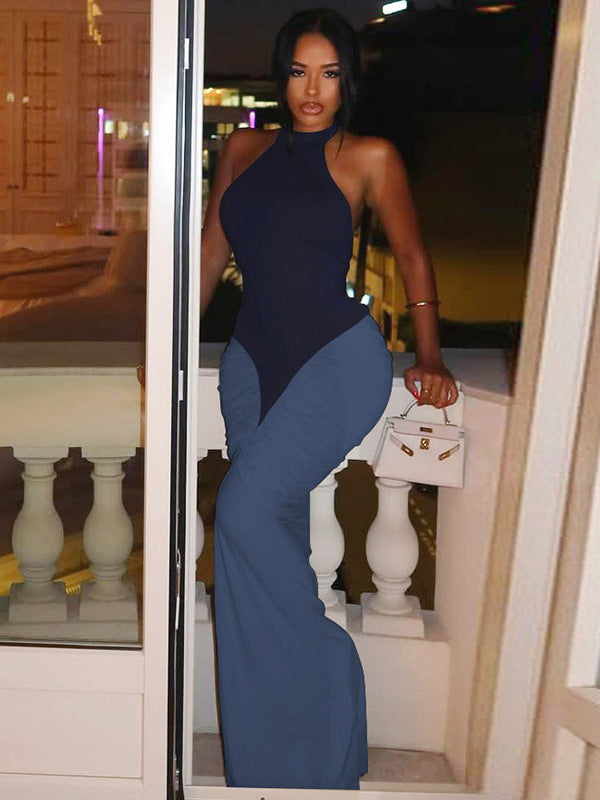 European and American cross-border women's clothing new fashion halterneck sleeveless contrast splicing pleated hip wrapping sexy backless dress for women