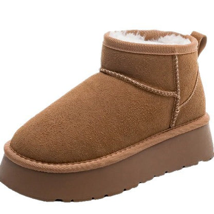 Pull-back Maillard warm and versatile snow boots thick-soled fleece cotton shoes minimalist style solid color stitching thickened women's shoes