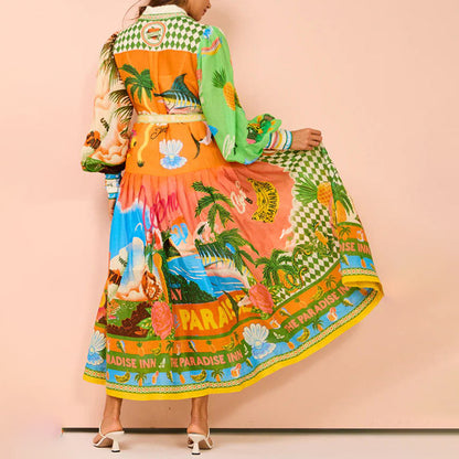 2026 independent station wishEuropean and beautiful clothing temperament printed lantern sleeves belt shirt large swing European and American dress women