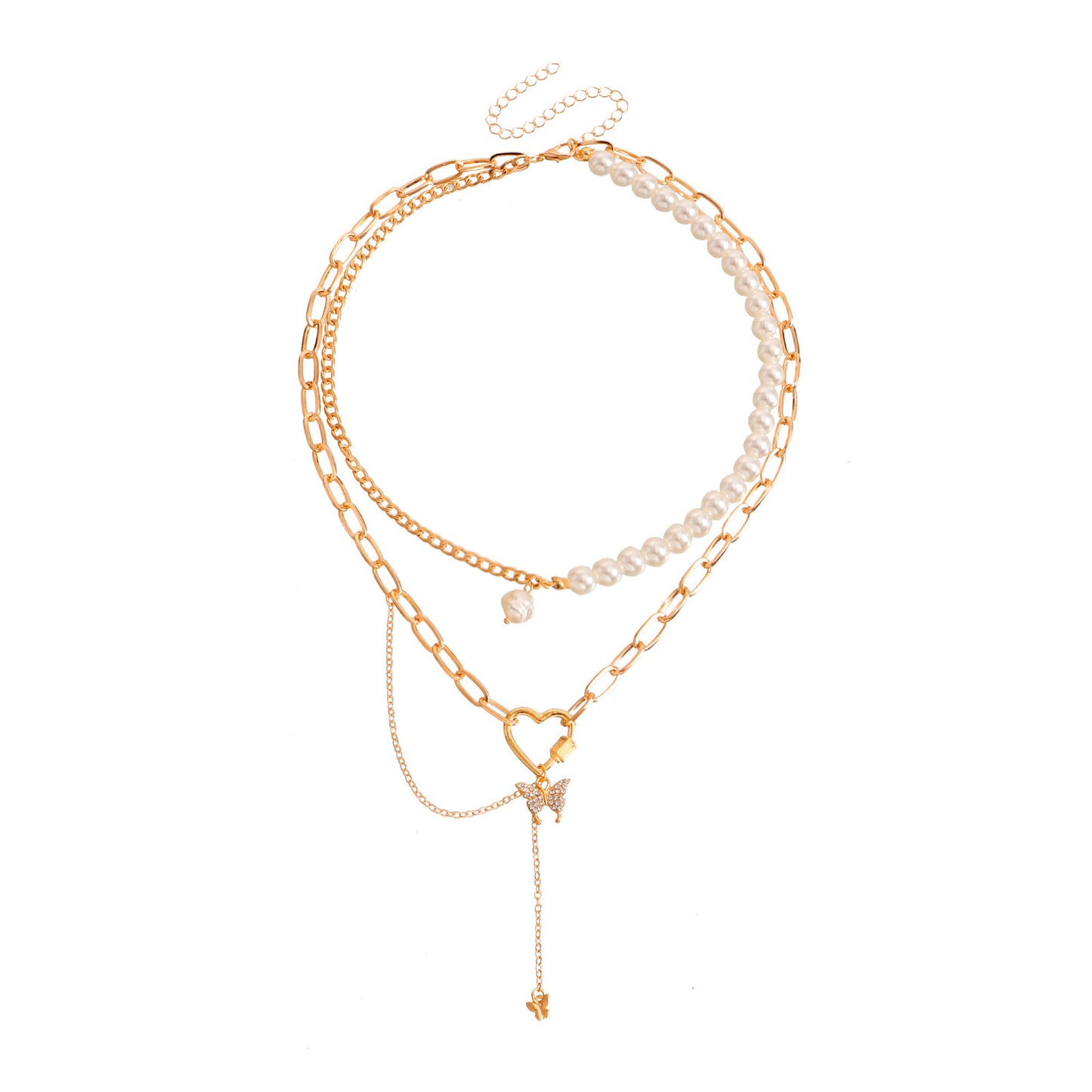 Pastoral Retro Geometric Love Butterfly Combo Necklace European and American French elegant imitation pearl beaded chain necklace
