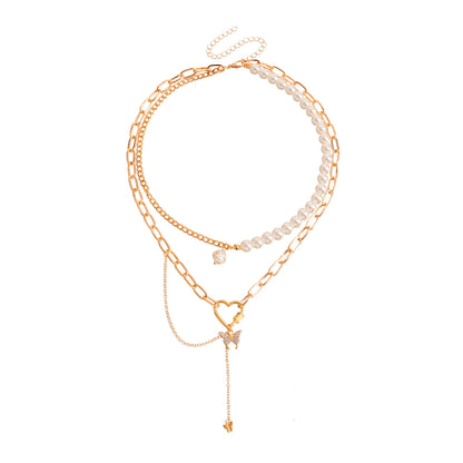 Pastoral Retro Geometric Love Butterfly Combo Necklace European and American French elegant imitation pearl beaded chain necklace