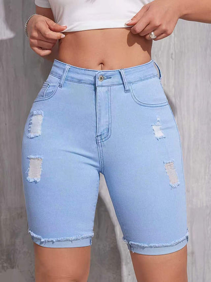 2026 AliExpress Women's Versatile Commuter Frayed Ripped Blue Denim Five-Point Shorts with Elegant Design Shorts