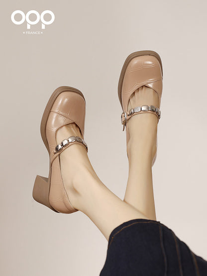 OPP leather shoes women's 2025 spring and autumn new leather shoes, Mary Jane shoes, casual low-heeled and high-heeled beanie loafers