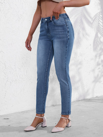 European and American cross-border women's jeans fashionable and versatile stretch pants simple slim slim blue denim trousers