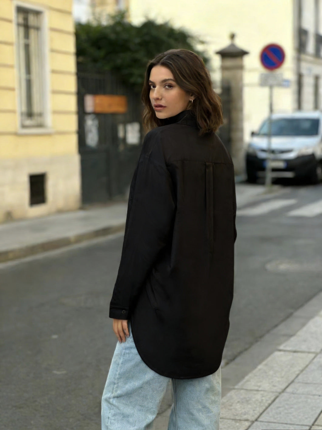 Cross-border European and American asymmetrical hem solid-color shirt for women, loose, slimming, drapey casual long-sleeve shirt for women