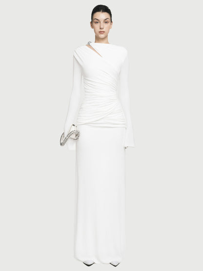 Foreign trade autumn and winter new European and beautiful clothing simple solid color crew neck long sleeve pleated slim temperament knitted dress for women