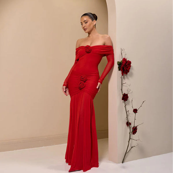 Cross-border European and American women's autumn fashion flower decoration sexy one-shoulder pleats slim hip wrap dress | Ciaura