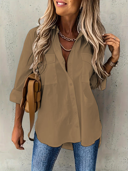 New 2024 European and American women's cross-border European and American four seasons versatile with pocket loose long sleeve roll-neck shirt top
