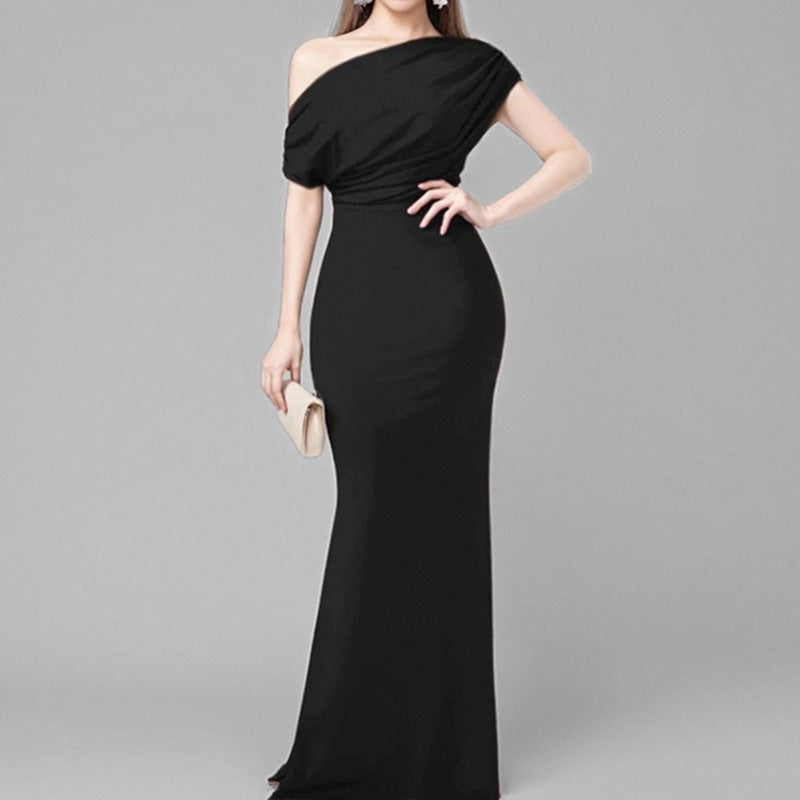 2025 Summer Amazon Cross-border European and American Fashion New Temperament Elegant and Fashionable Solid Color Hip Wrapping Slanted Shoulder Dress